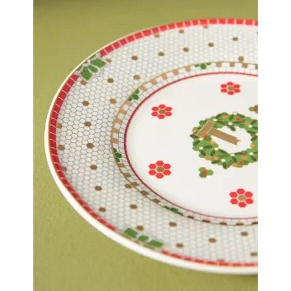 Anthropologie Festive Bistro Tile Dessert Plate Green Wreath Stoneware NEW - Picture 2 of 7